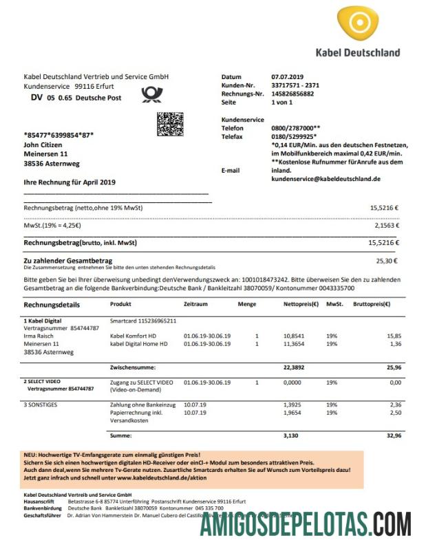 Conta de serviços públicos de TV a cabo da Alemanha exemplo real